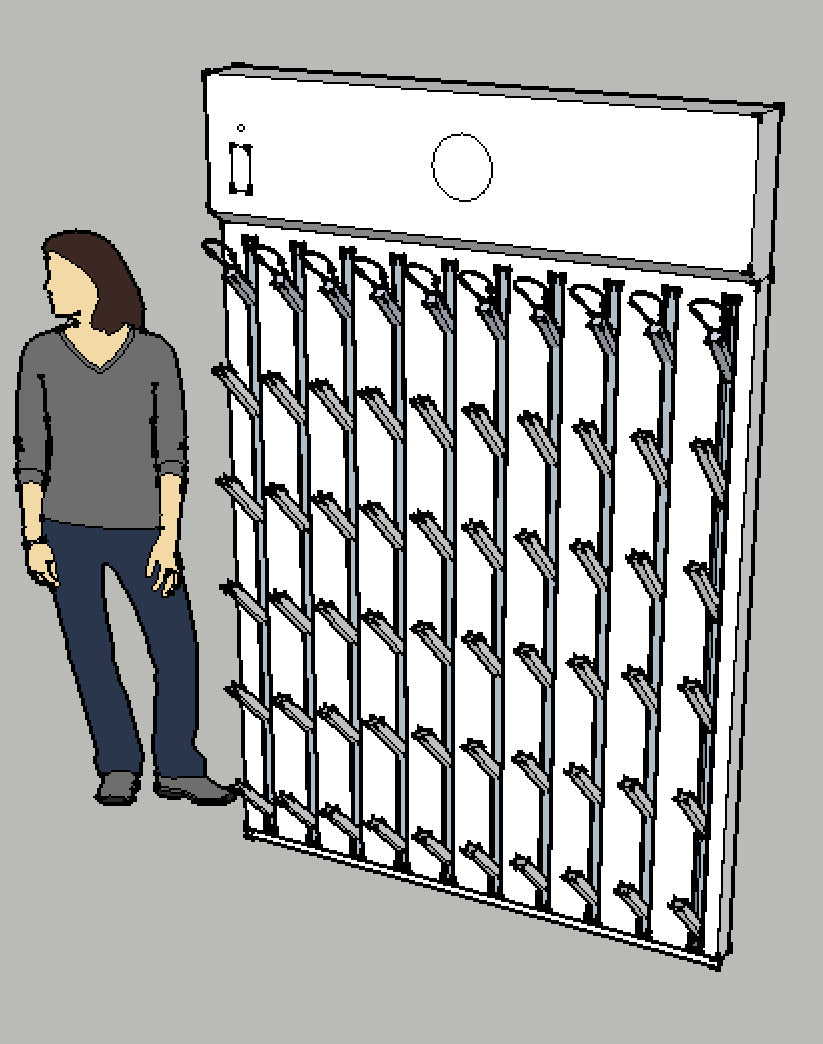 Rendering from model of 25 pair cleat dryer mounted on a wall with woman in front.