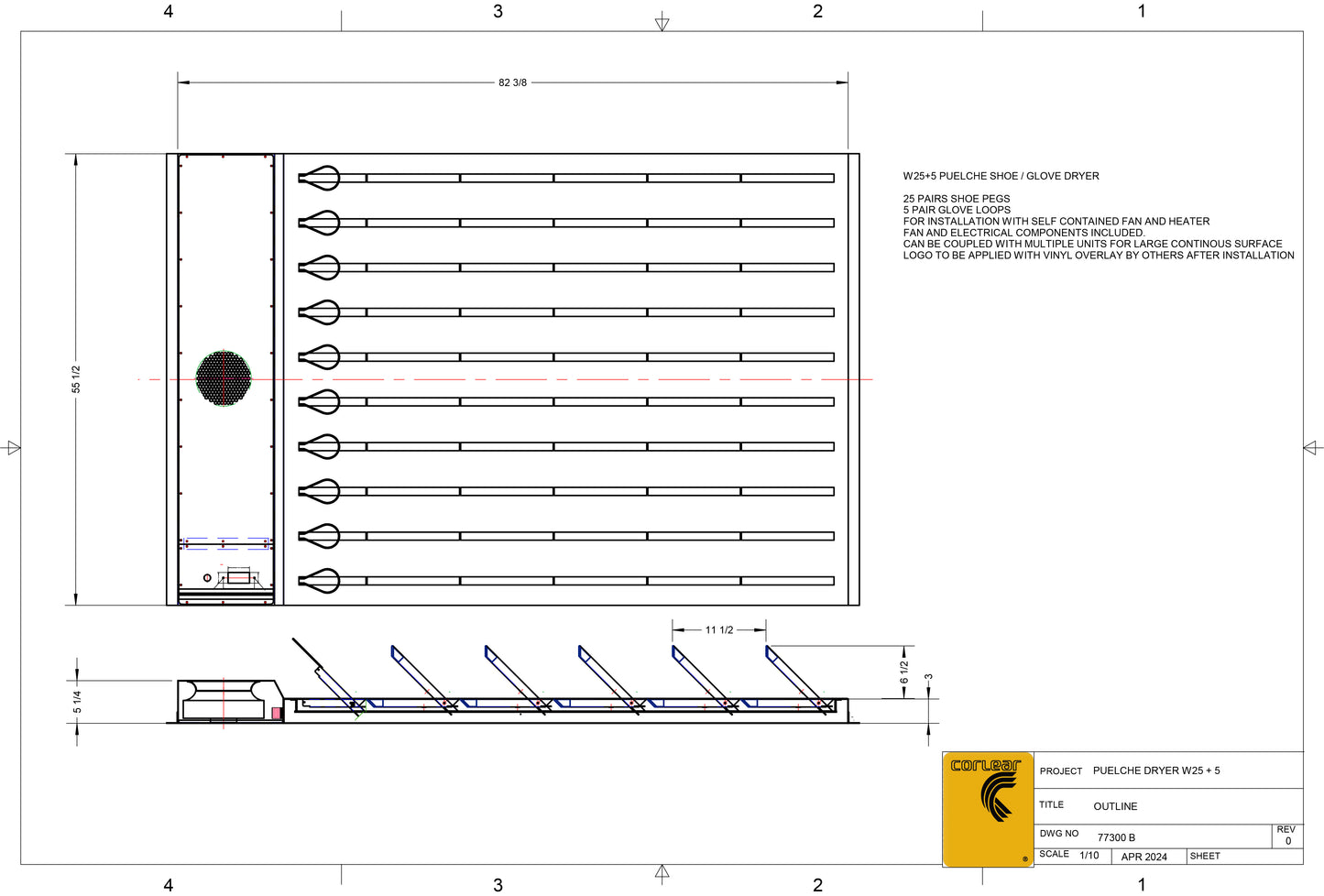 Dimensional drawing of 25 pair cleat dryer mounted on a wall.