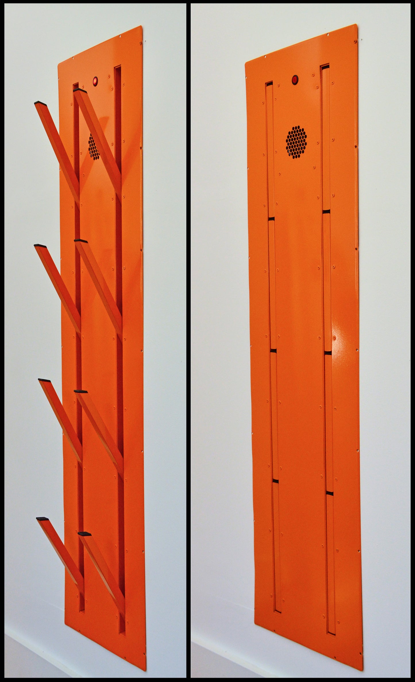 Wall mounted Boot Dryer for flush mount inside a wall painted black. 4 pair stainless steel Warm or ambient air. Attractive space saving design best for ski homes , condos and any mudroom. Timer controlled dryer for ski boots, skates, gloves. Painted orange.  Shown open and closed