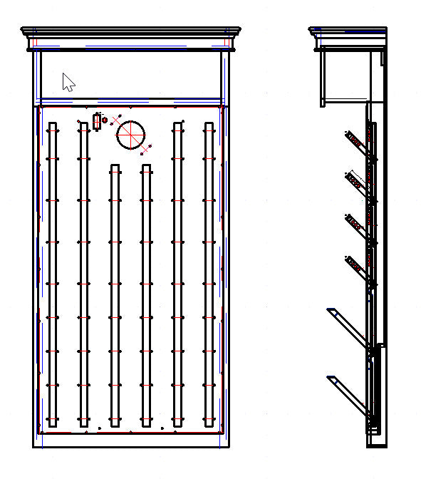 front and side view drawing of a boot dryer with shelf above it.  