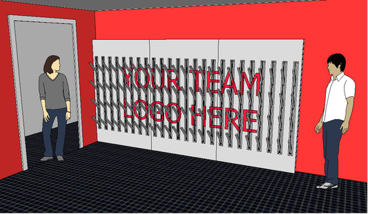 Rendering of a 3 d modeled cleat dryer for 75 pairs of cleats.  Show on flat wall with logo on face