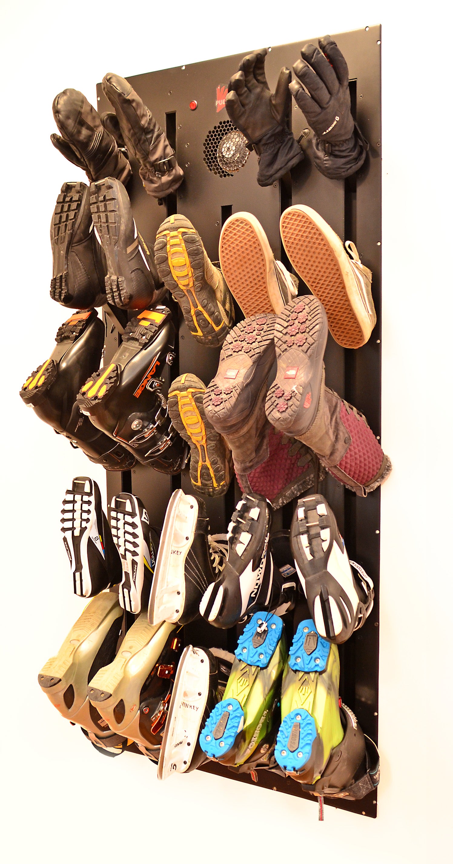 Built in ski boot and glove dryer from Puelche. Elegant 10 pair including special glove pegs,. Ideal for new large ski homes or mudroom renovations. 