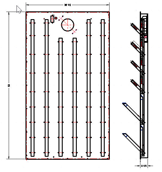 A side and front view drawing of boot dryer.  