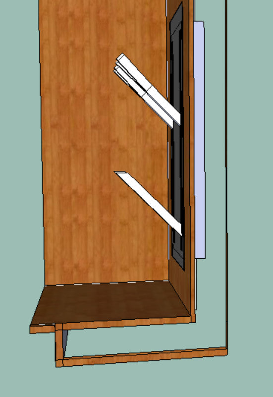 rendering of modeled boot dryer installed in back of locker. Shown from side of locker