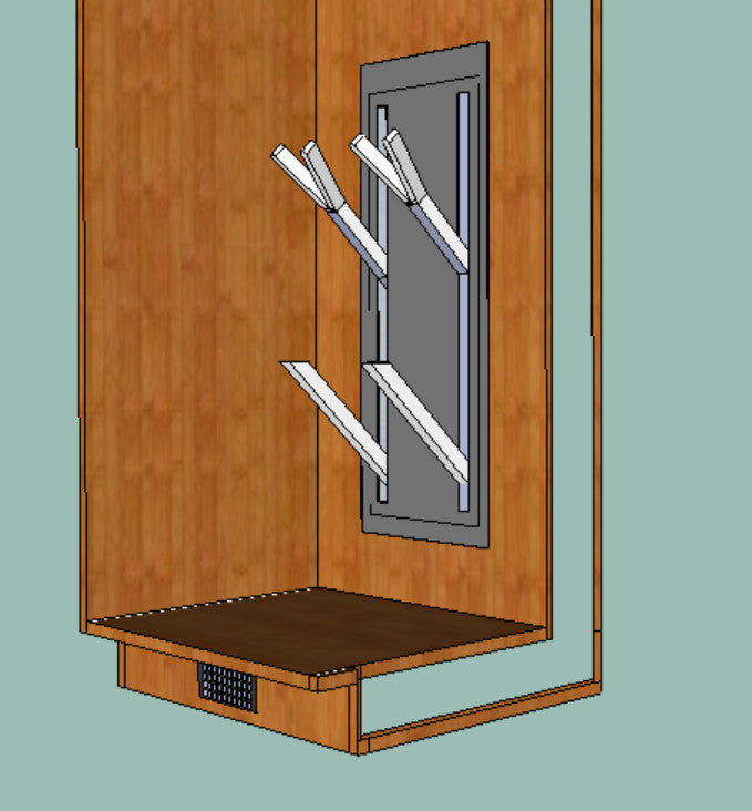 rendering of modeled boot dryer installed in back of locker. Shown from front of locker